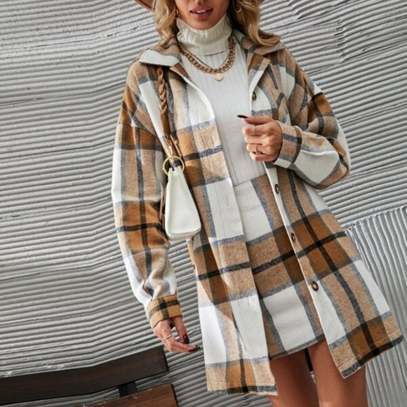 2 piece set Plaid Print Button Front Overcoat & Skirt Tan - Picture 3 of 6